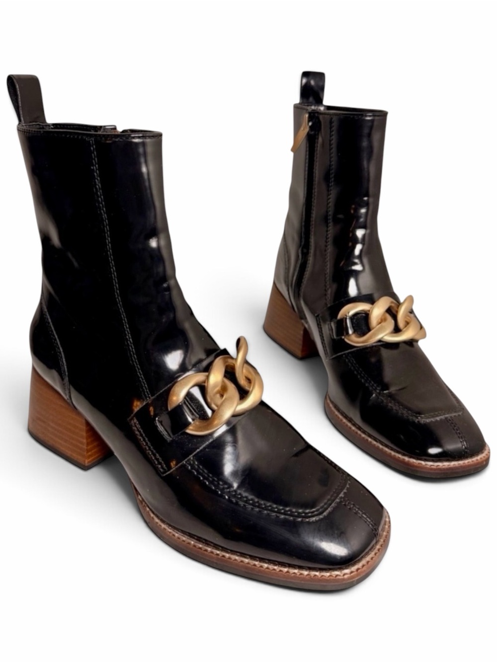Steve Madden Loreen Ankle Boots Black Patent Gold Chain Size 7.5